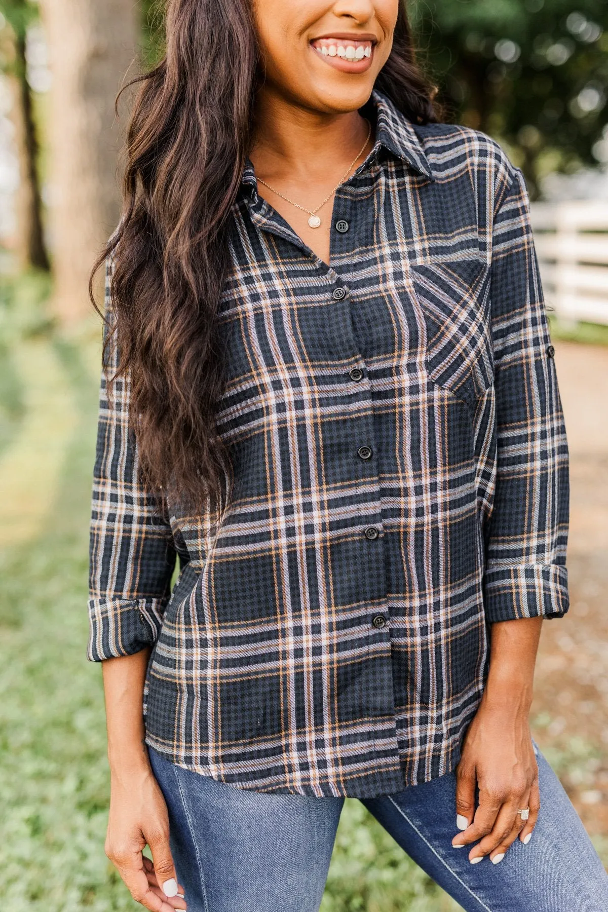 Made Up My Mind Plaid Button Top- Navy & Camel