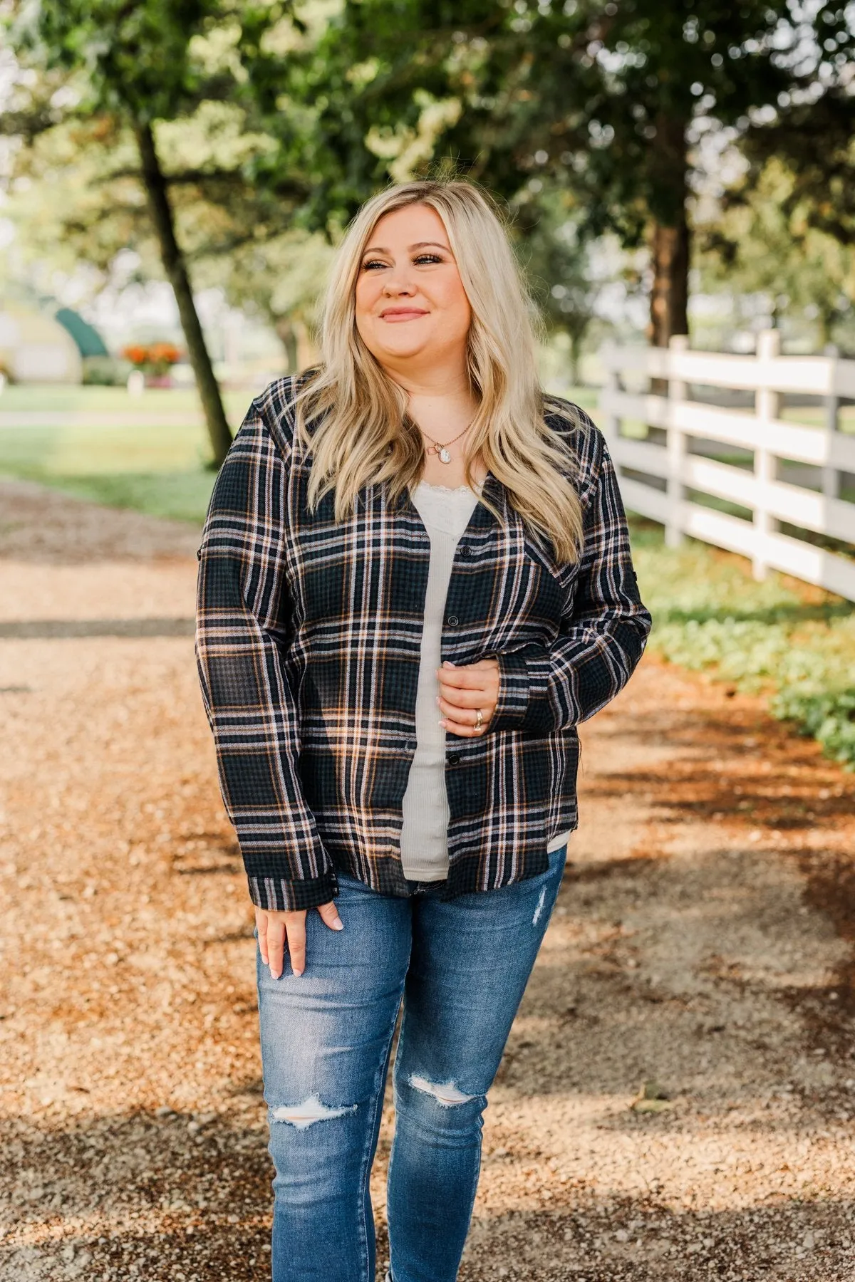 Made Up My Mind Plaid Button Top- Navy & Camel