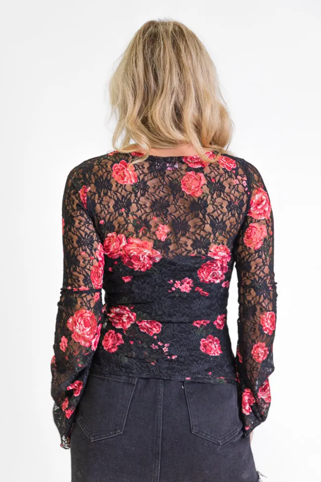 Make You Mine Black Floral Bell Sleeve Lace Top FINAL SALE