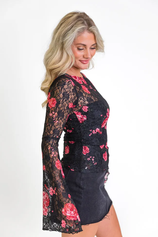 Make You Mine Black Floral Bell Sleeve Lace Top FINAL SALE