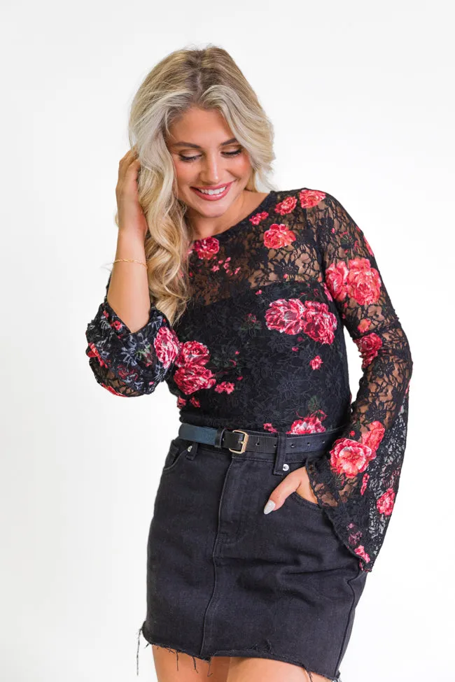 Make You Mine Black Floral Bell Sleeve Lace Top FINAL SALE