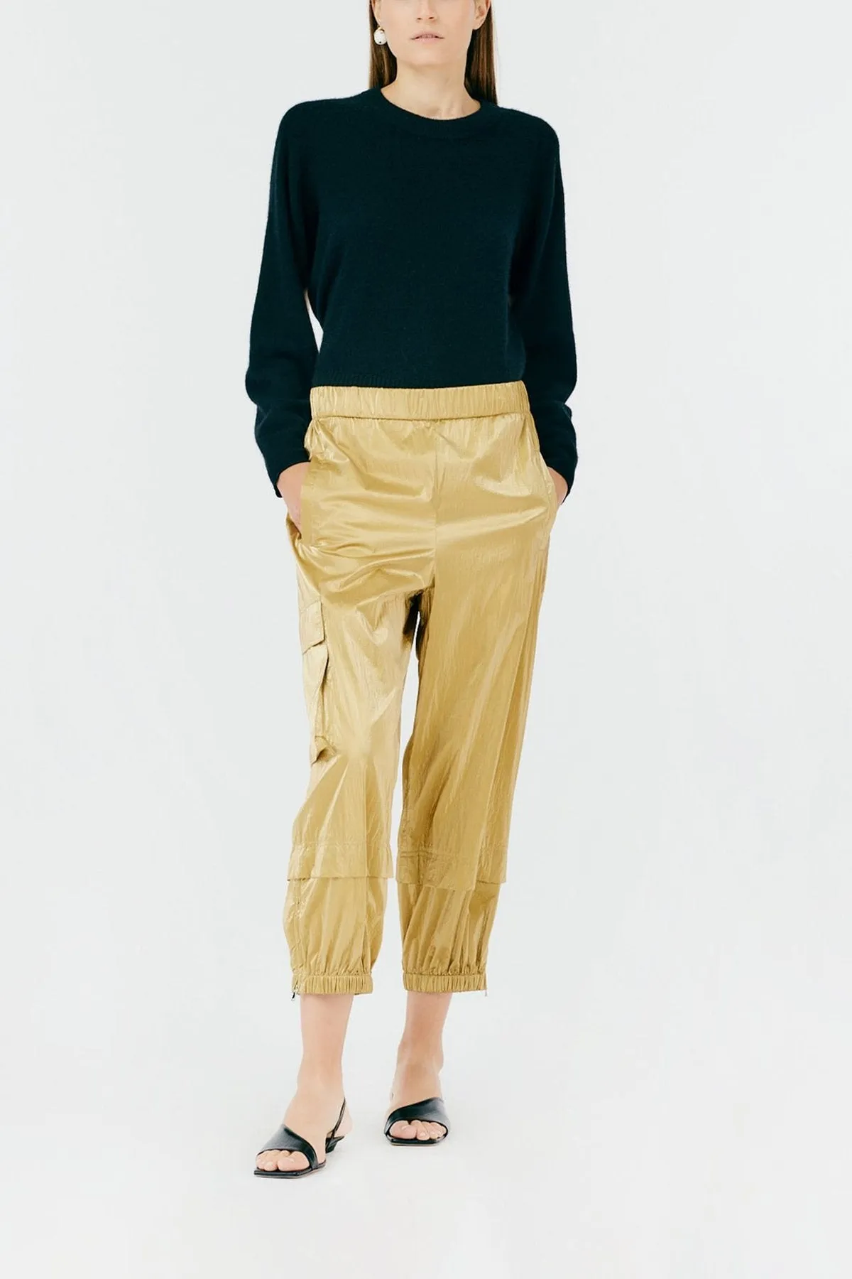 Metallic Nylon Pull On Jogger in Gold