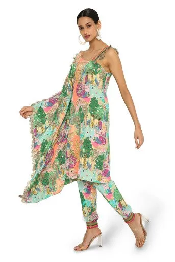 Mihra Peach Colour Kuno Print Crepe Embroidered Kaftan With Jogger Pants