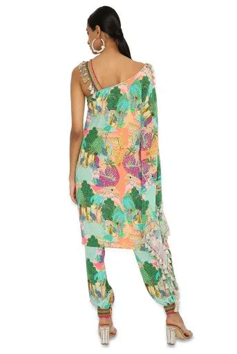 Mihra Peach Colour Kuno Print Crepe Embroidered Kaftan With Jogger Pants