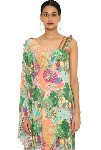 Mihra Peach Colour Kuno Print Crepe Embroidered Kaftan With Jogger Pants