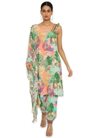 Mihra Peach Colour Kuno Print Crepe Embroidered Kaftan With Jogger Pants