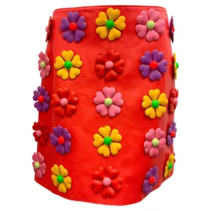 Moschino Couture Red Multi 2022 Floral Applique Leather Mini Skirt
