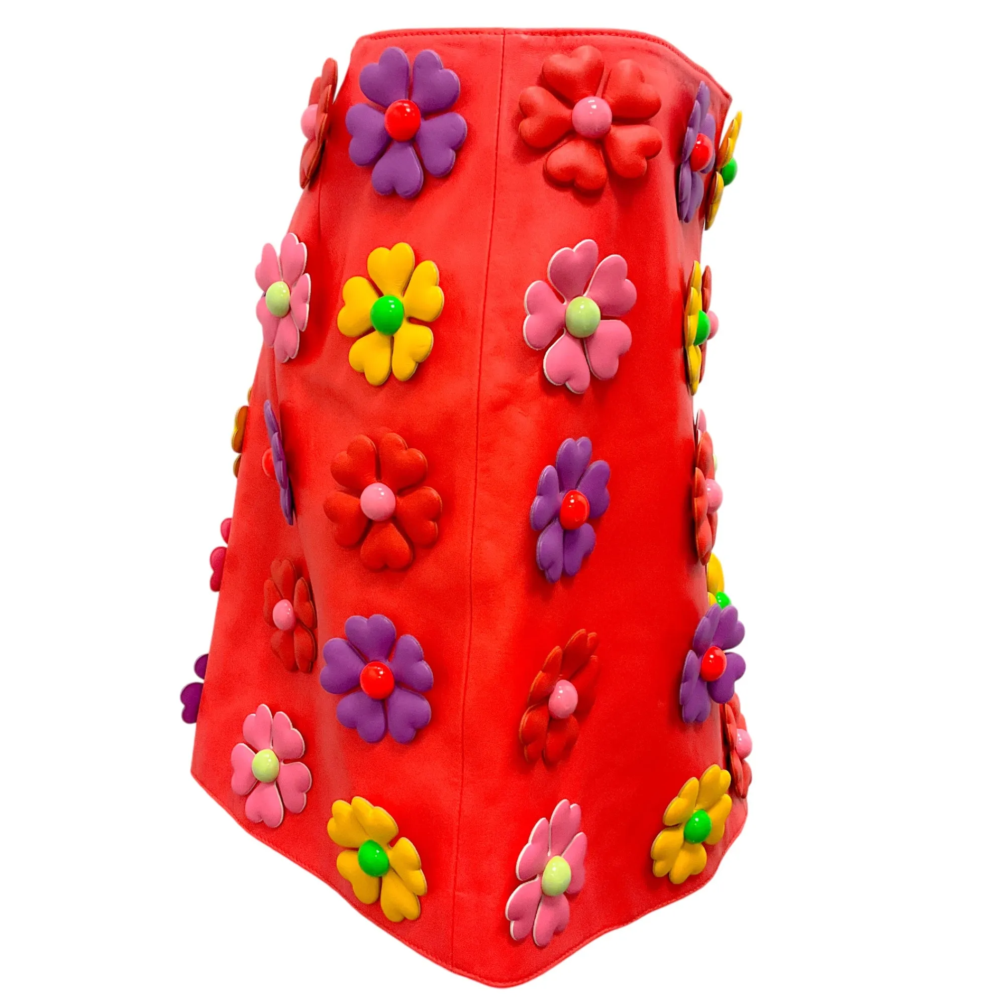 Moschino Couture Red Multi 2022 Floral Applique Leather Mini Skirt