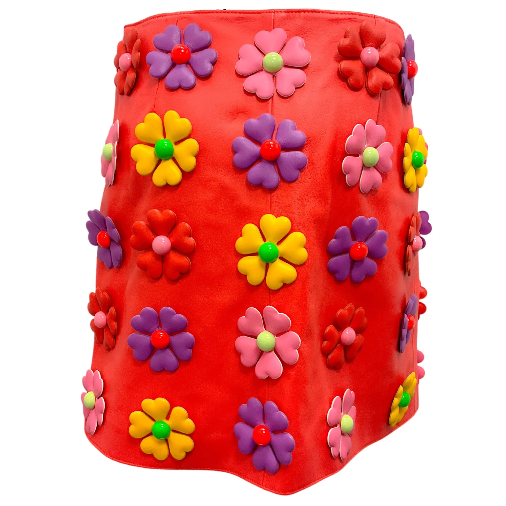 Moschino Couture Red Multi 2022 Floral Applique Leather Mini Skirt