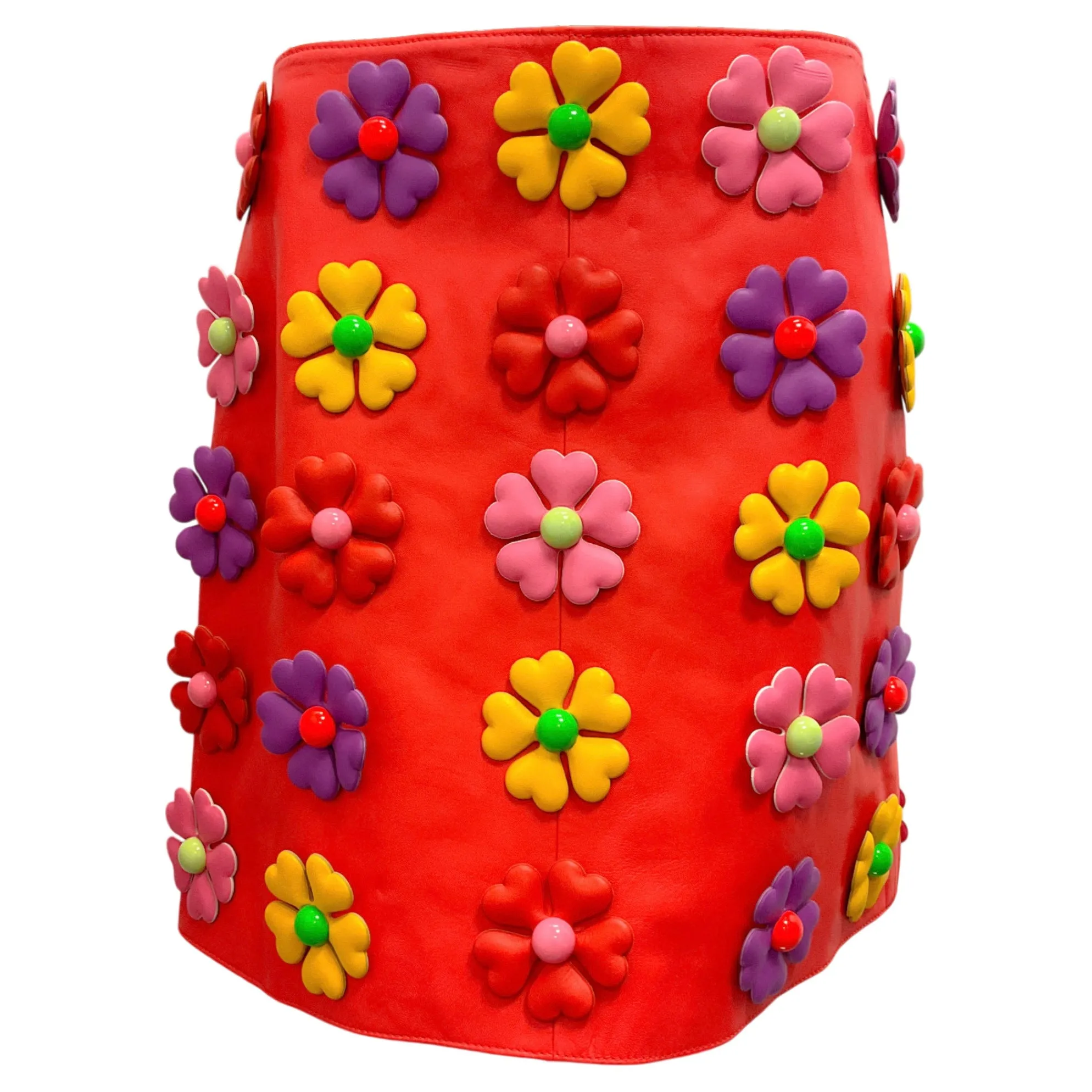 Moschino Couture Red Multi 2022 Floral Applique Leather Mini Skirt