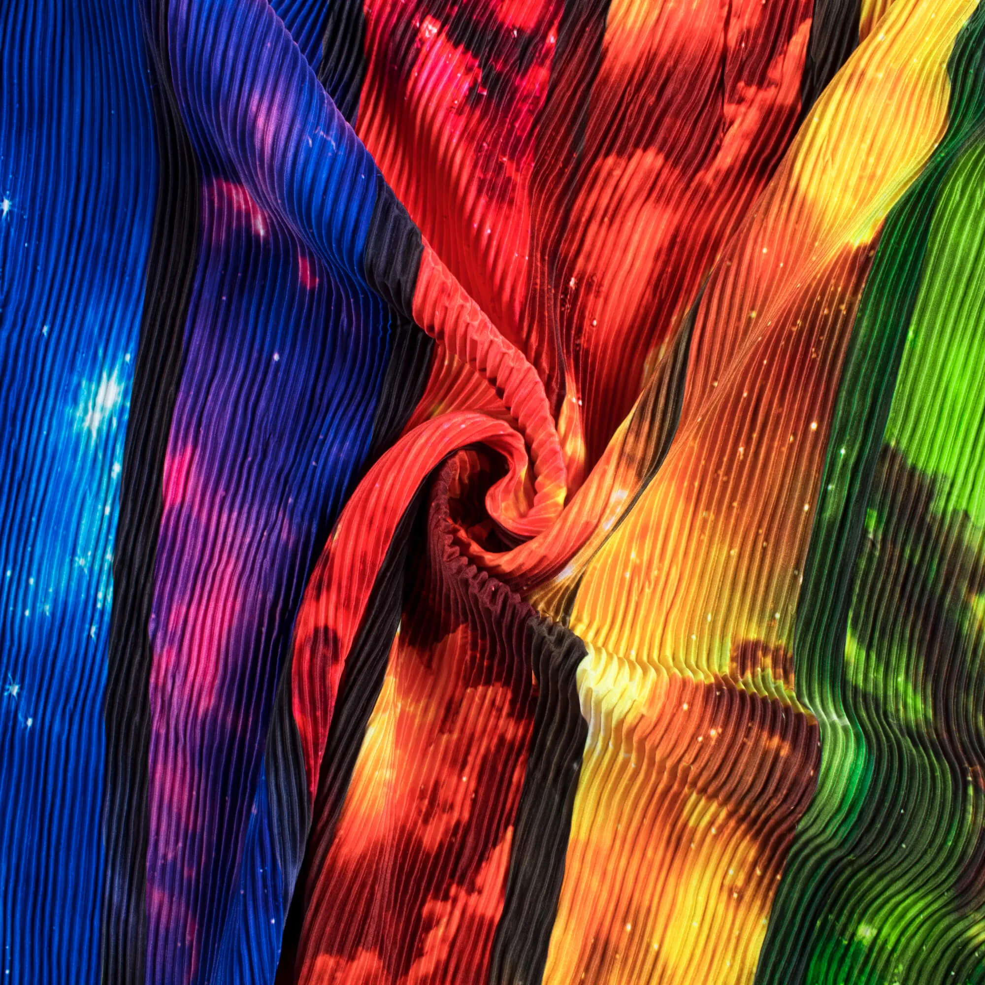 Multi-Color Galaxy Pattern Digital Print Crepe Satin Pleated Fabric