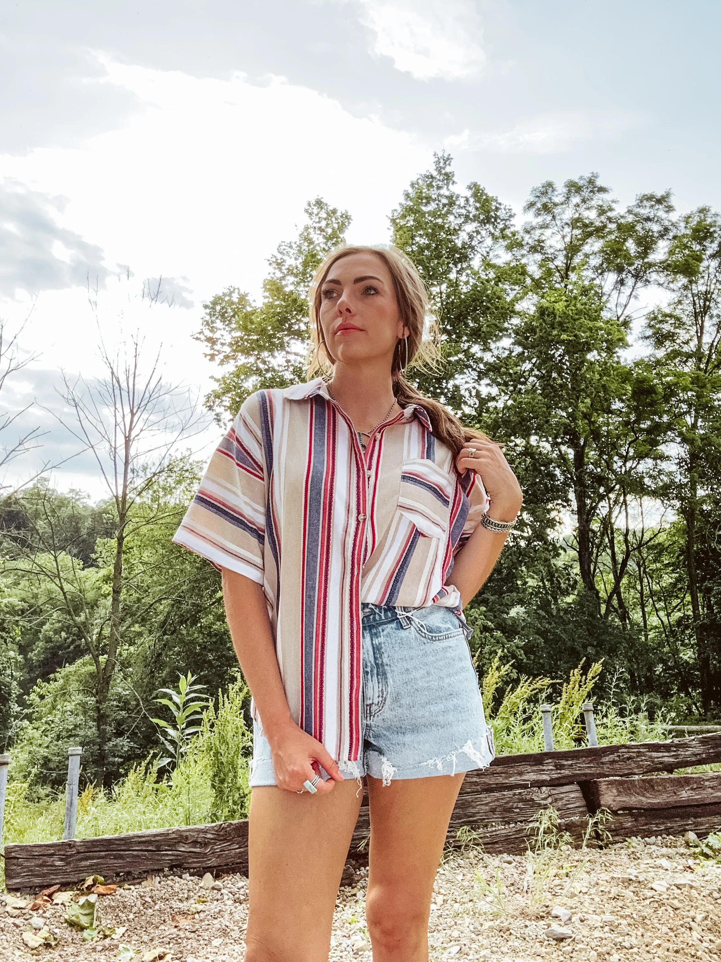 Multi Stripe Jacquard Button Up Short Sleeve
