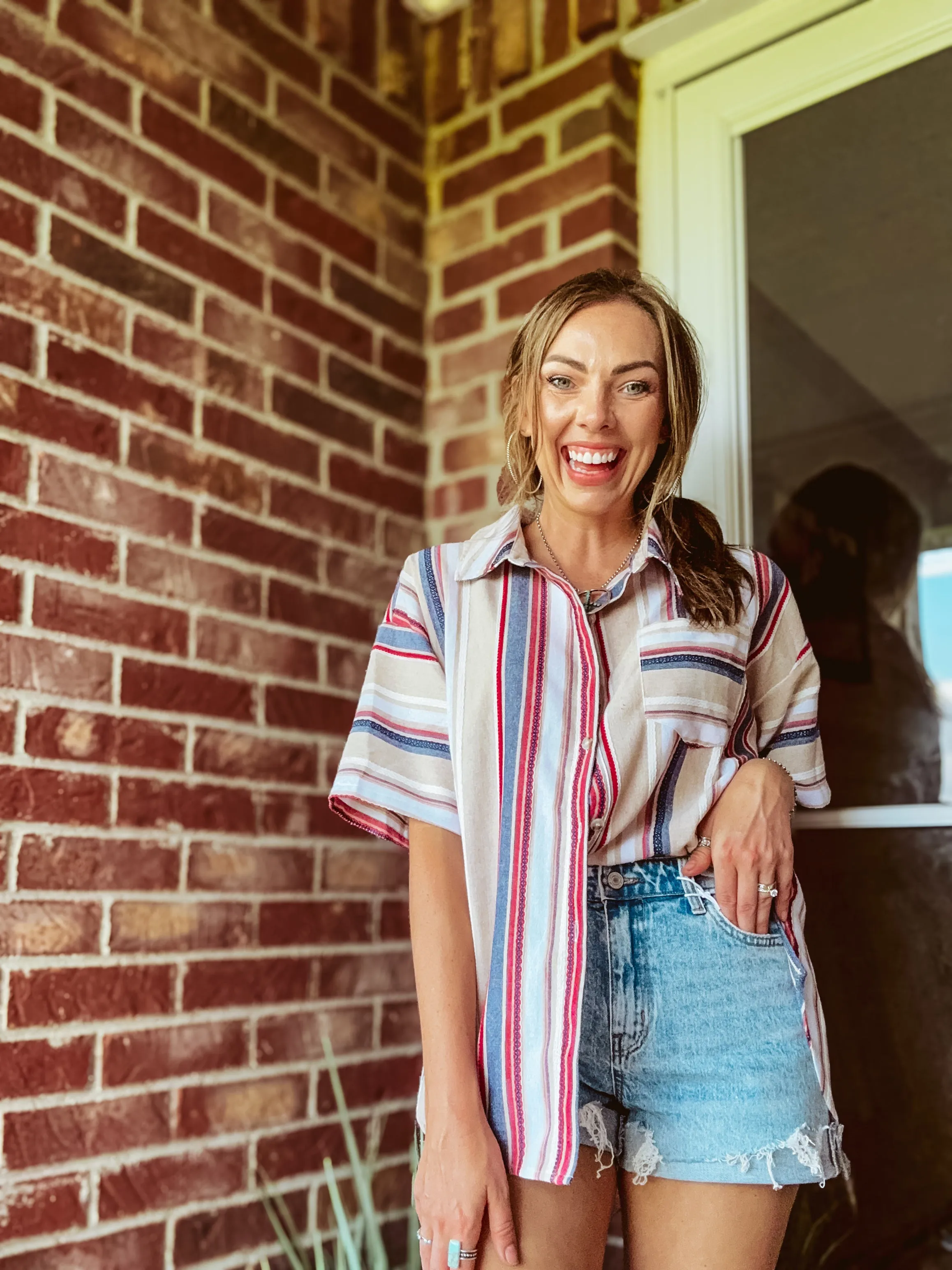 Multi Stripe Jacquard Button Up Short Sleeve