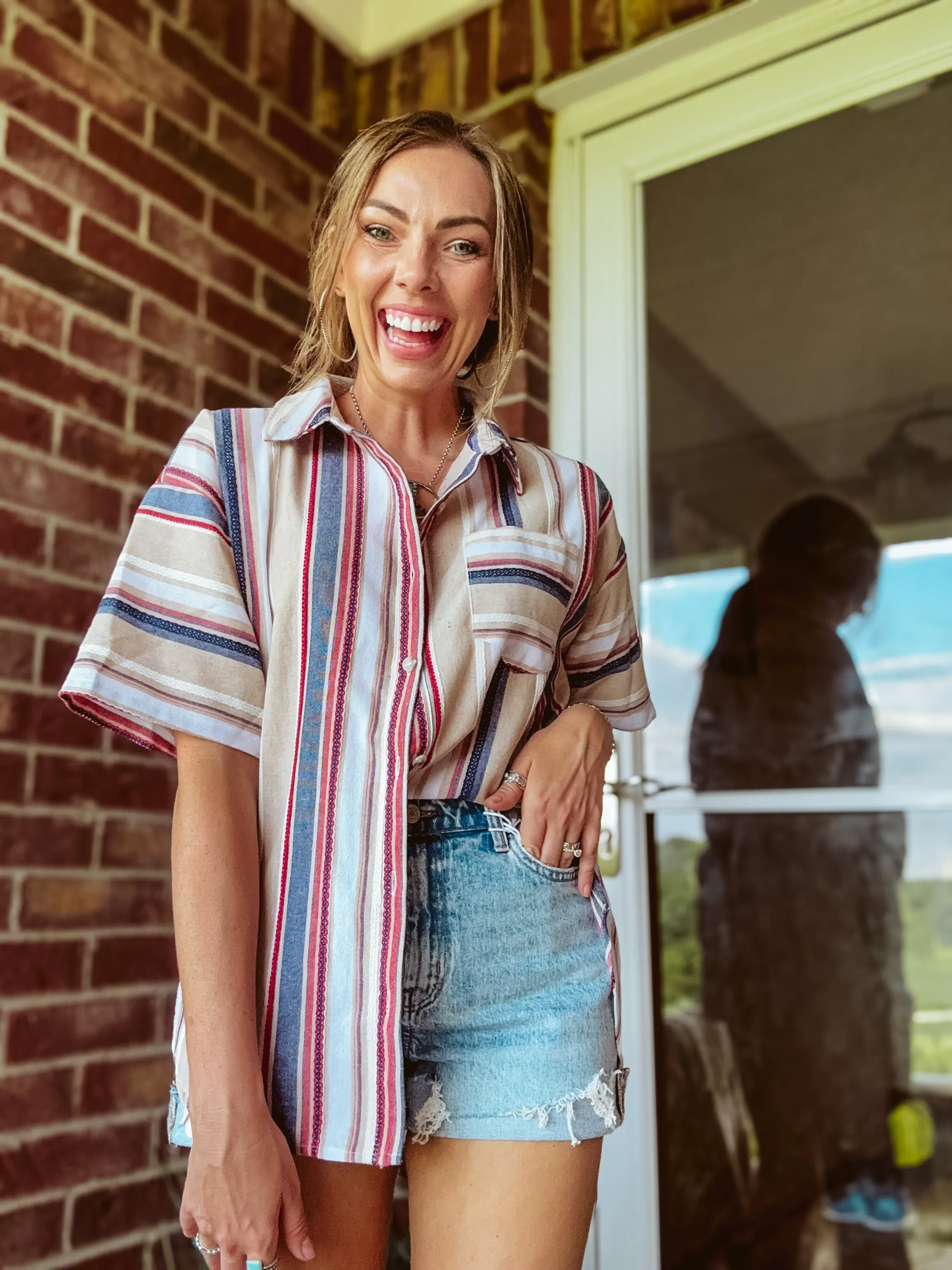 Multi Stripe Jacquard Button Up Short Sleeve