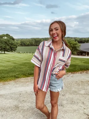 Multi Stripe Jacquard Button Up Short Sleeve