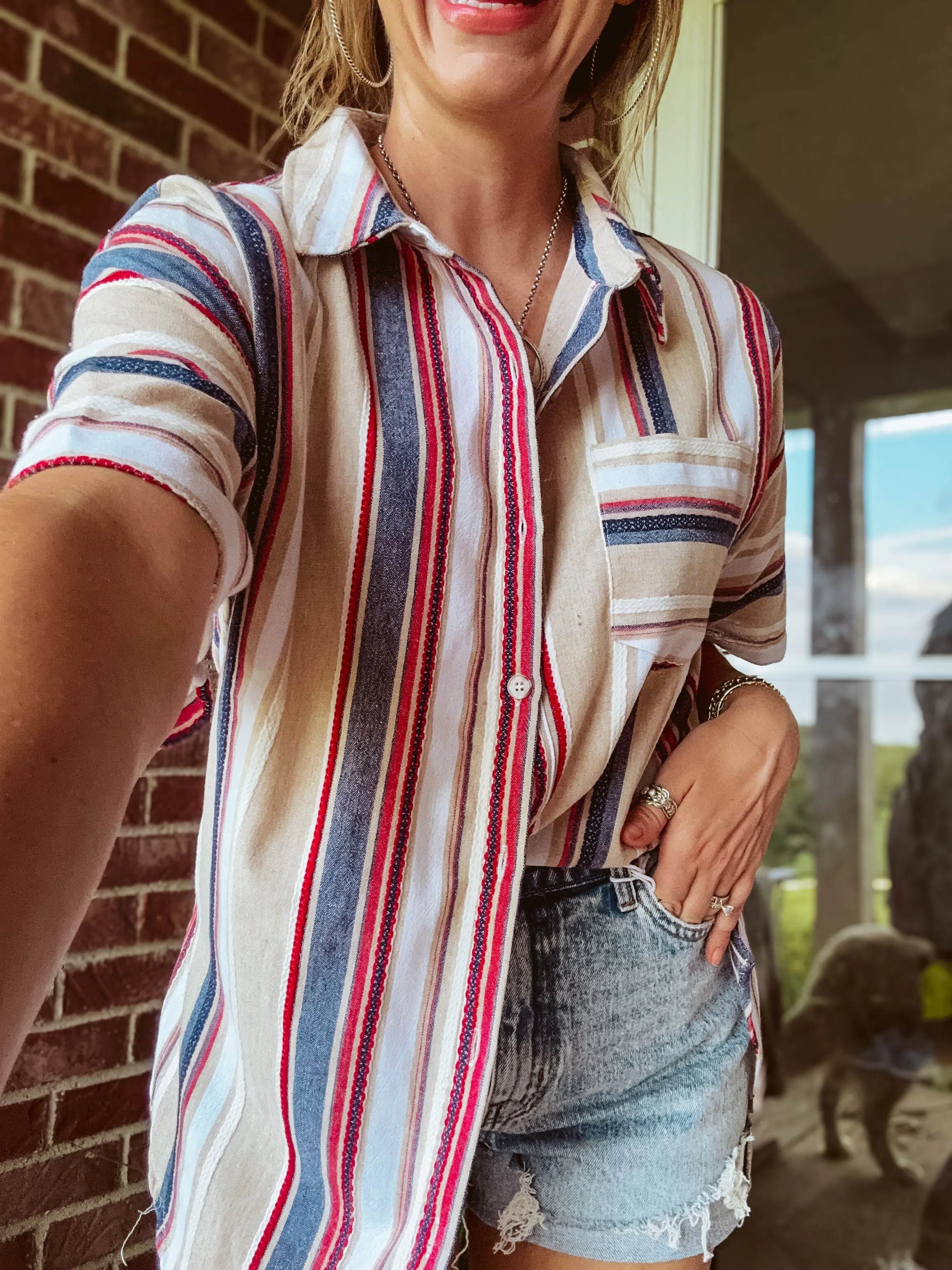 Multi Stripe Jacquard Button Up Short Sleeve