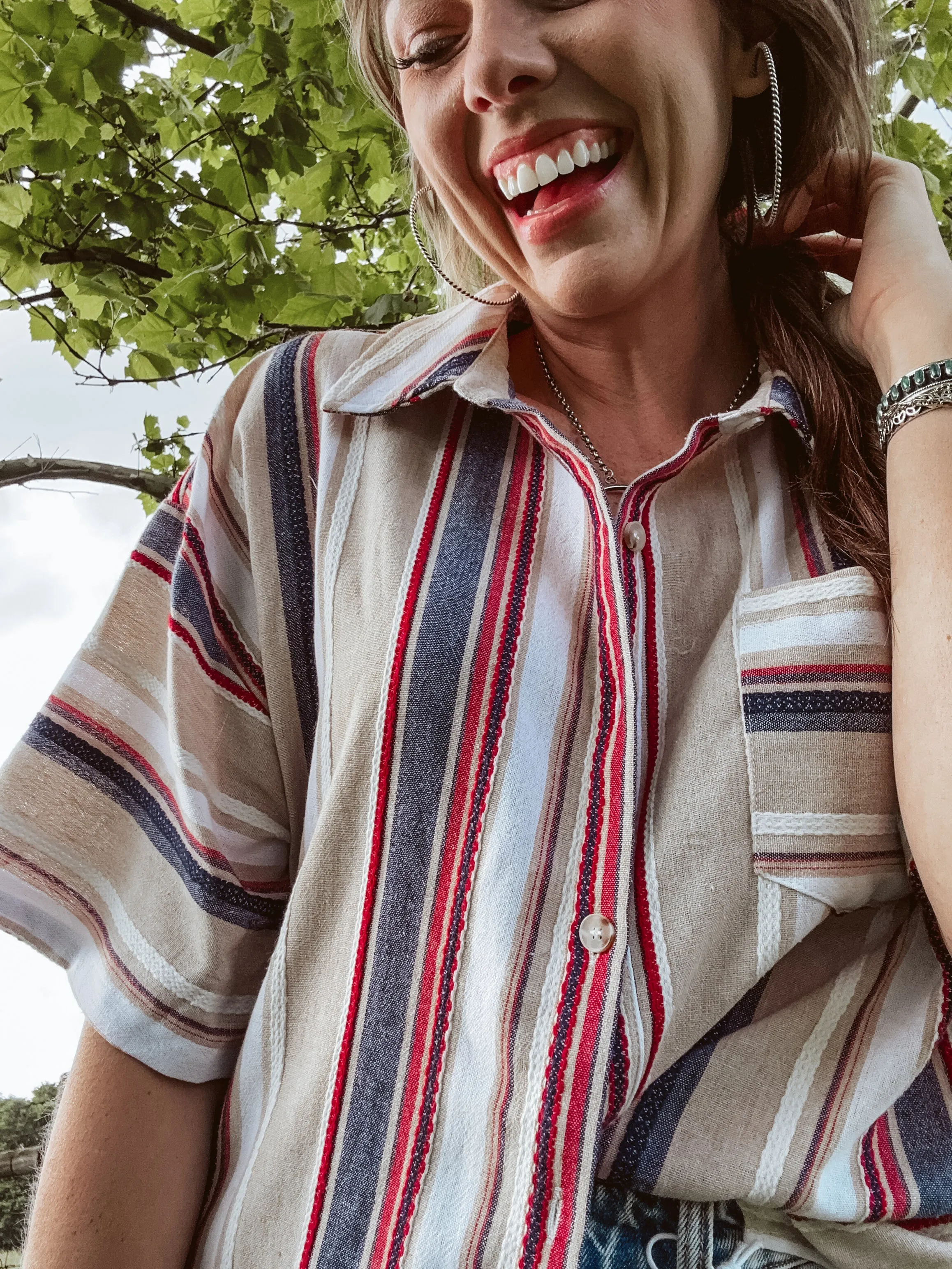 Multi Stripe Jacquard Button Up Short Sleeve