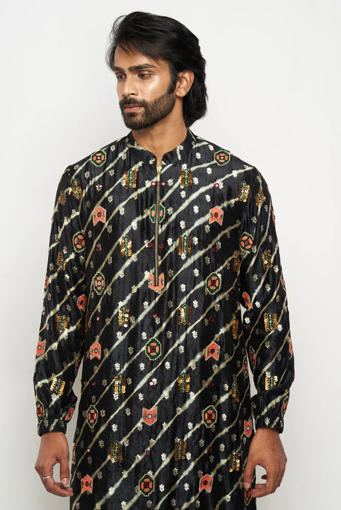 NAZIR BLACK COLOUR LEHERIYA BANDHANI SILK EMBROIDERED BOMBER KURTA AND JOGGER PANTS