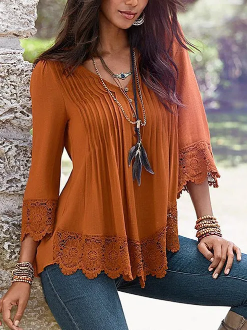 New Lace Stitching 7-point Sleeve T-shirt