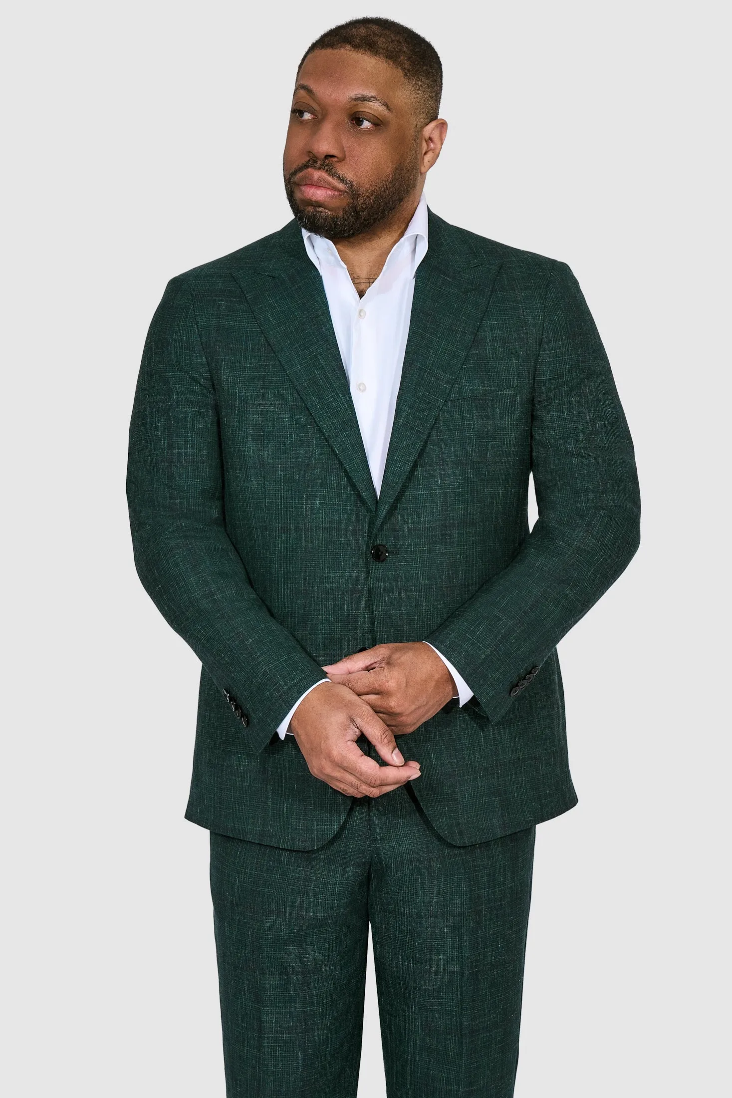New SUITREVIEW Elmhurst Green Glen Check Wool, Silk and Linen Suit - Size 38R (Other Sizes Made To Order)