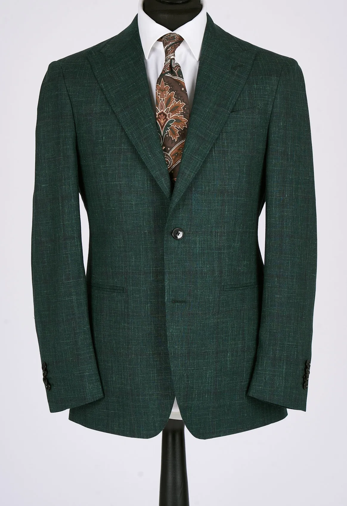 New SUITREVIEW Elmhurst Green Glen Check Wool, Silk and Linen Suit - Size 38R (Other Sizes Made To Order)