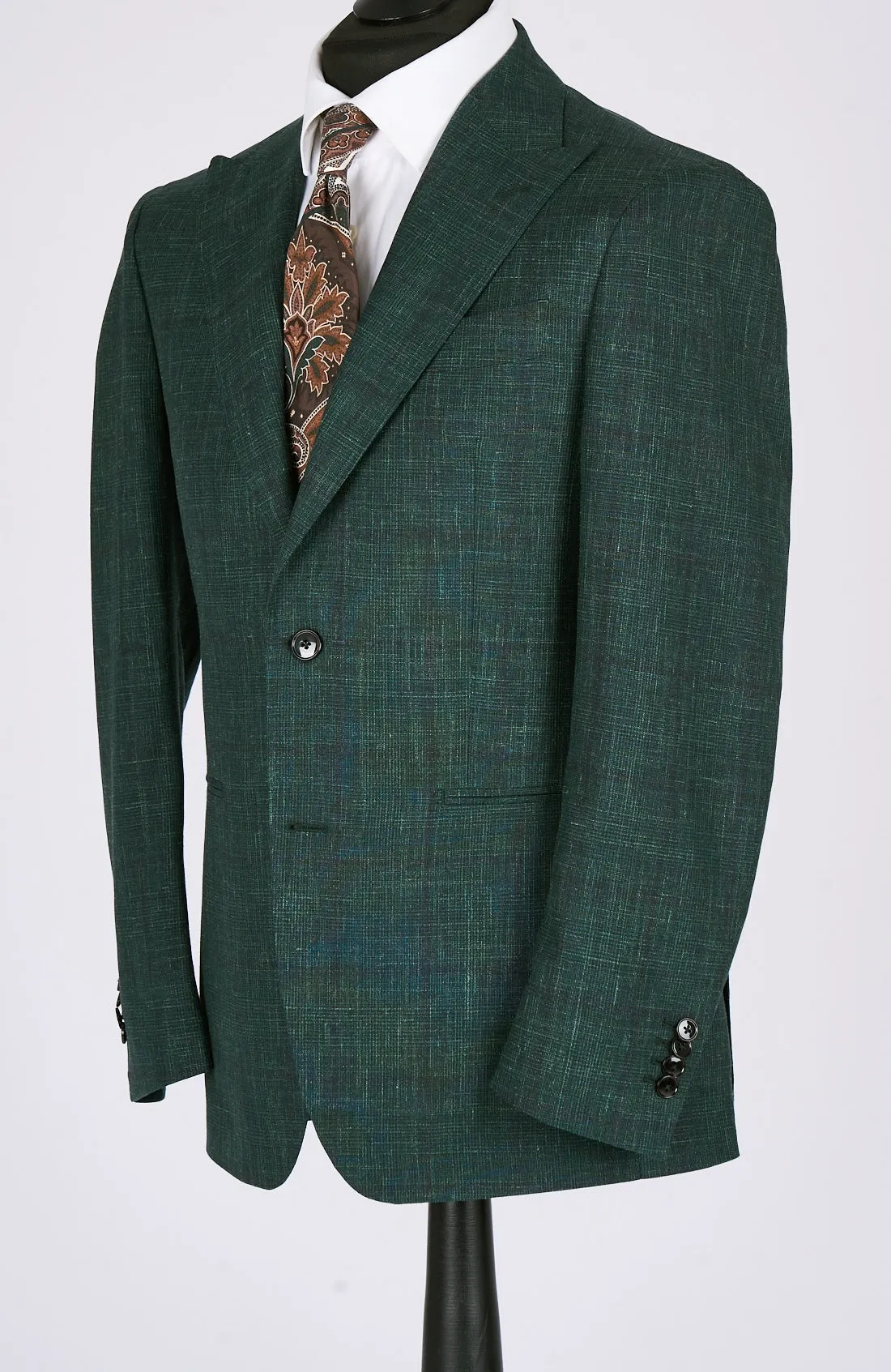 New SUITREVIEW Elmhurst Green Glen Check Wool, Silk and Linen Suit - Size 38R (Other Sizes Made To Order)