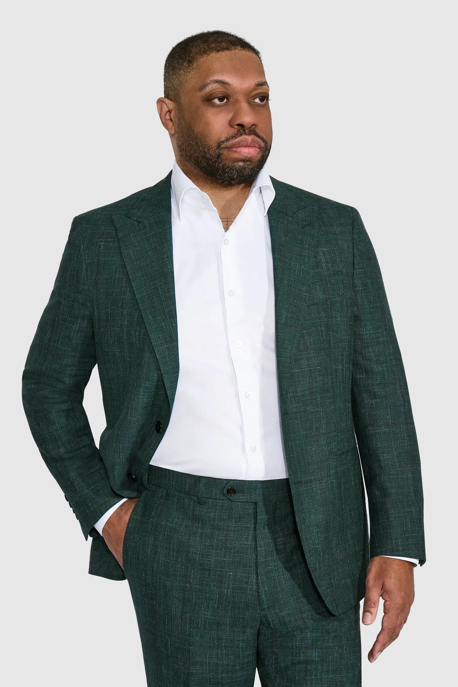 New SUITREVIEW Elmhurst Green Glen Check Wool, Silk and Linen Suit - Size 38R (Other Sizes Made To Order)