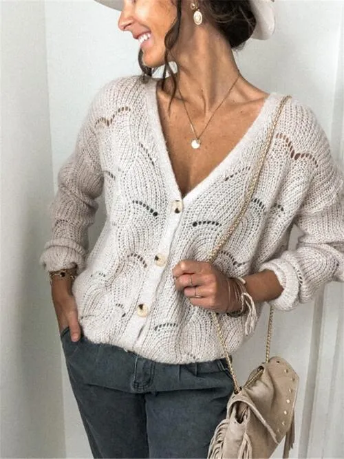 Openwork Button Up Long Sleeve Sweater (3 Colors)