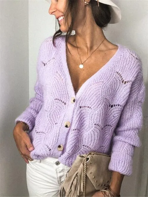 Openwork Button Up Long Sleeve Sweater (3 Colors)