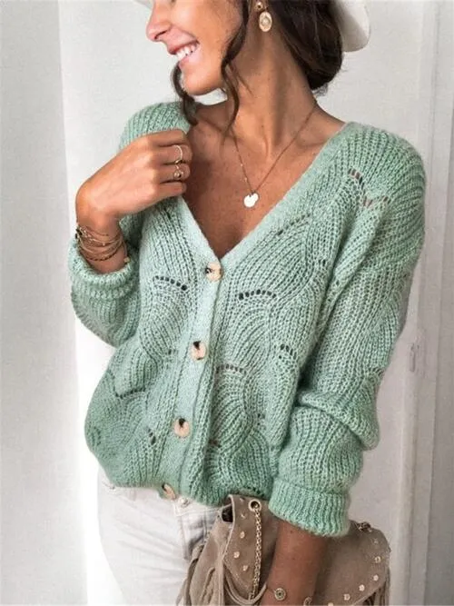Openwork Button Up Long Sleeve Sweater (3 Colors)