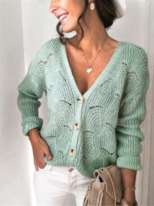 Openwork Button Up Long Sleeve Sweater (3 Colors)