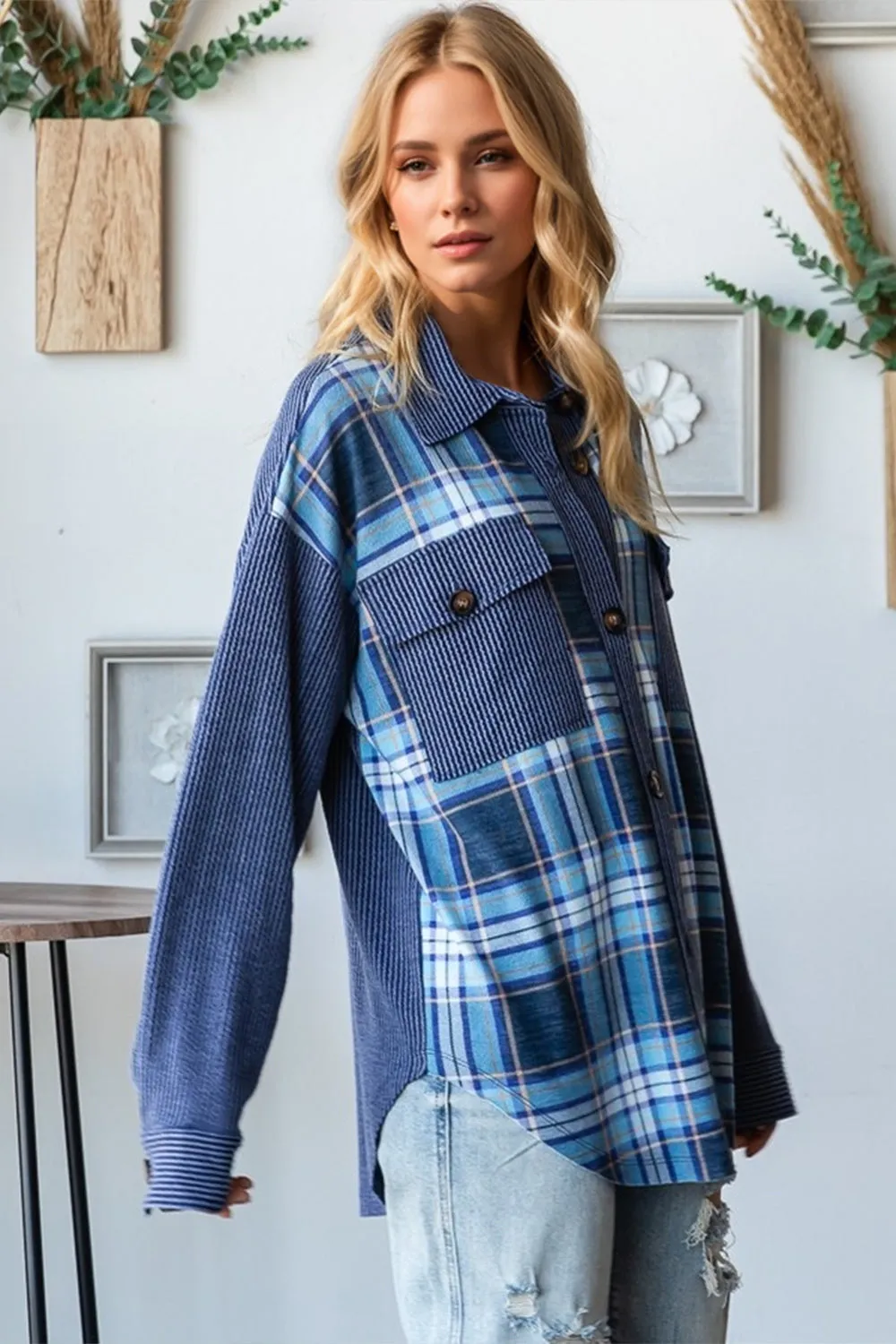 Ophelia Plaid Button Up Long Sleeve Shacket with Pockets