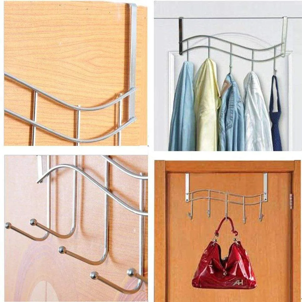 Over The Door Hanger For Kitchen Tools , Heavy-Duty Wall Storage Organizer Racks With 5 Hooks ,Metal Hanging Bathroom Jewelry Closet Holder , Backpack Space Saver For Towel , Coat , Jacket , Robes , Chrome