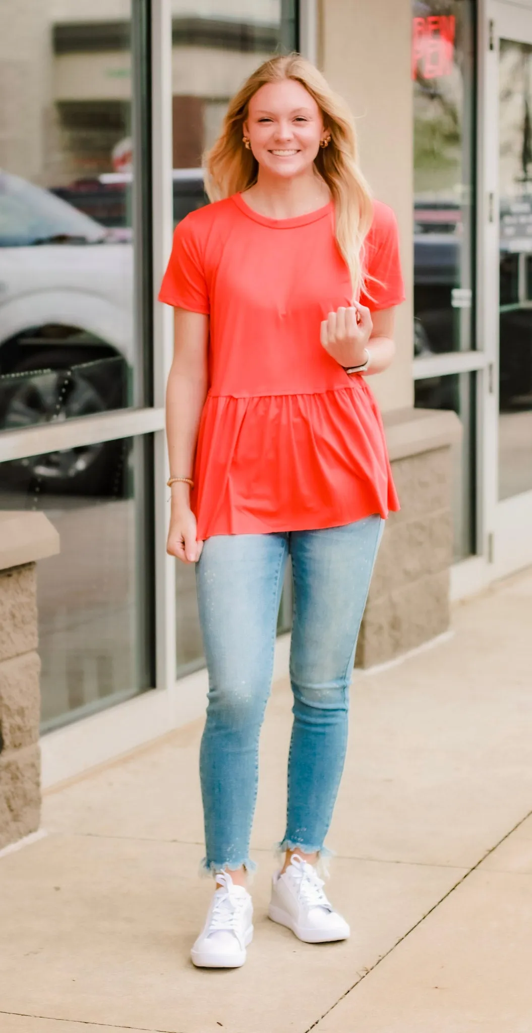 Pep in My Step Peplum in Hot Coral