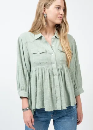 Peplum Gauze Button Down Long Slv Shirt Jacket