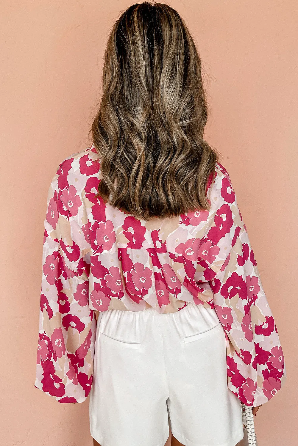 Pink Blooming Floral Print Puff Sleeve Button Up Shirt