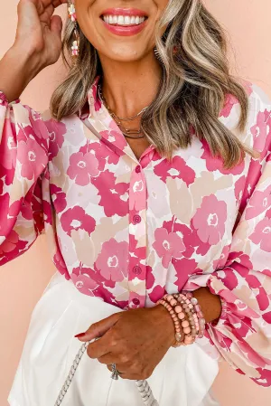 Pink Blooming Floral Print Puff Sleeve Button Up Shirt