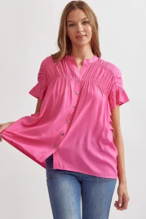 Pink Short Sleeve Ruch Button Up Flutter Sleeve