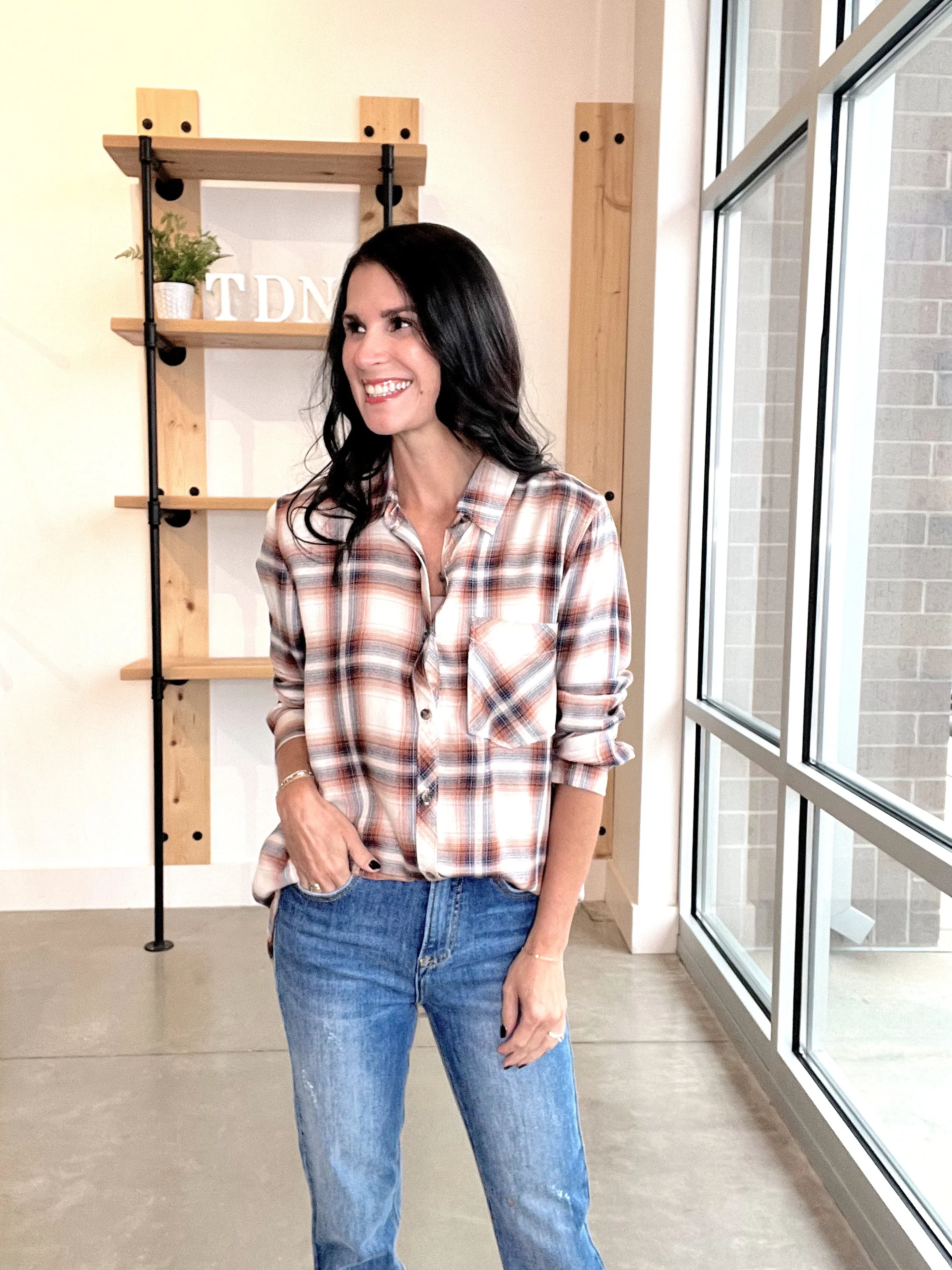 Plaid Button Up in Caramel   Navy