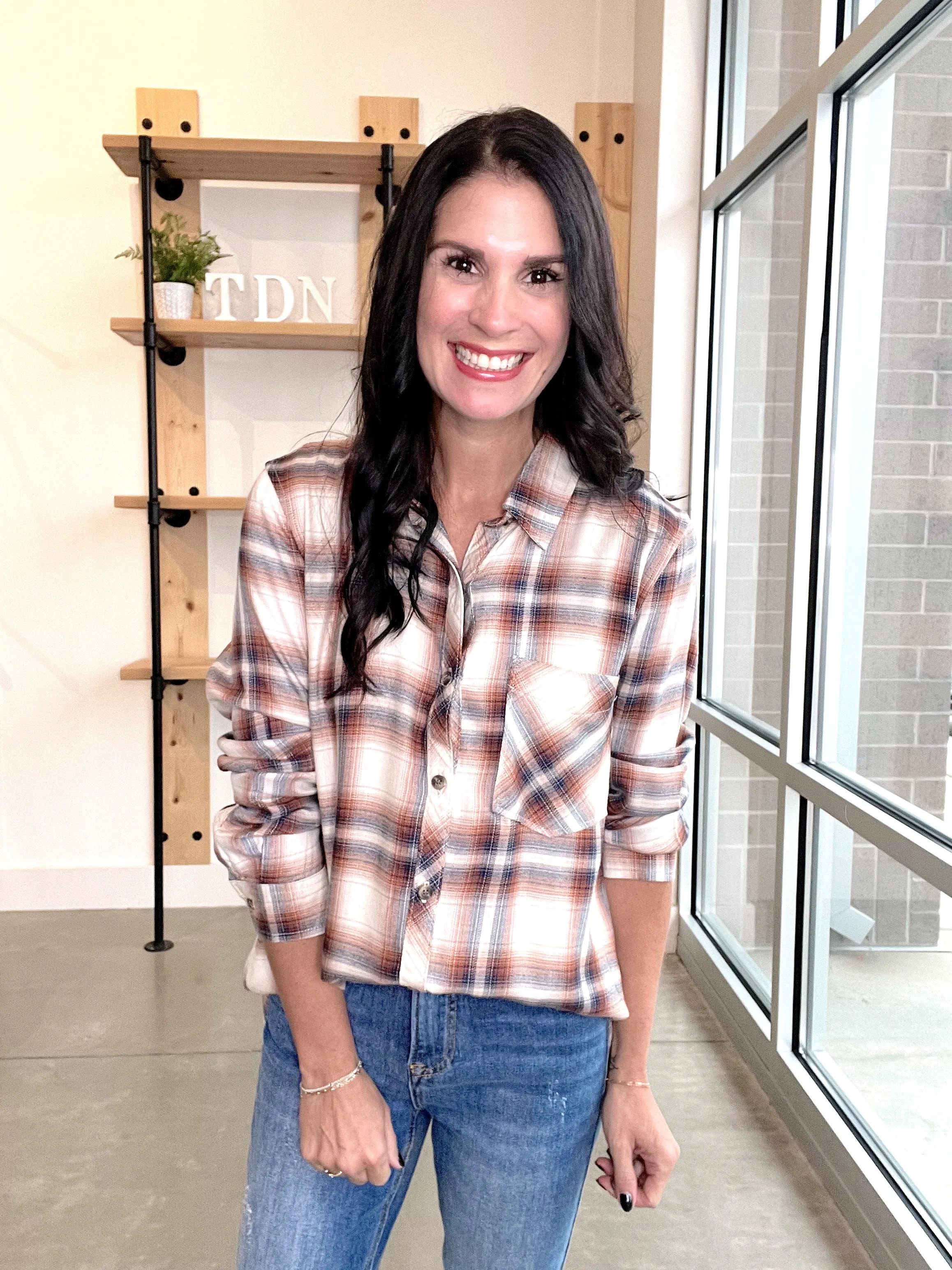Plaid Button Up in Caramel   Navy