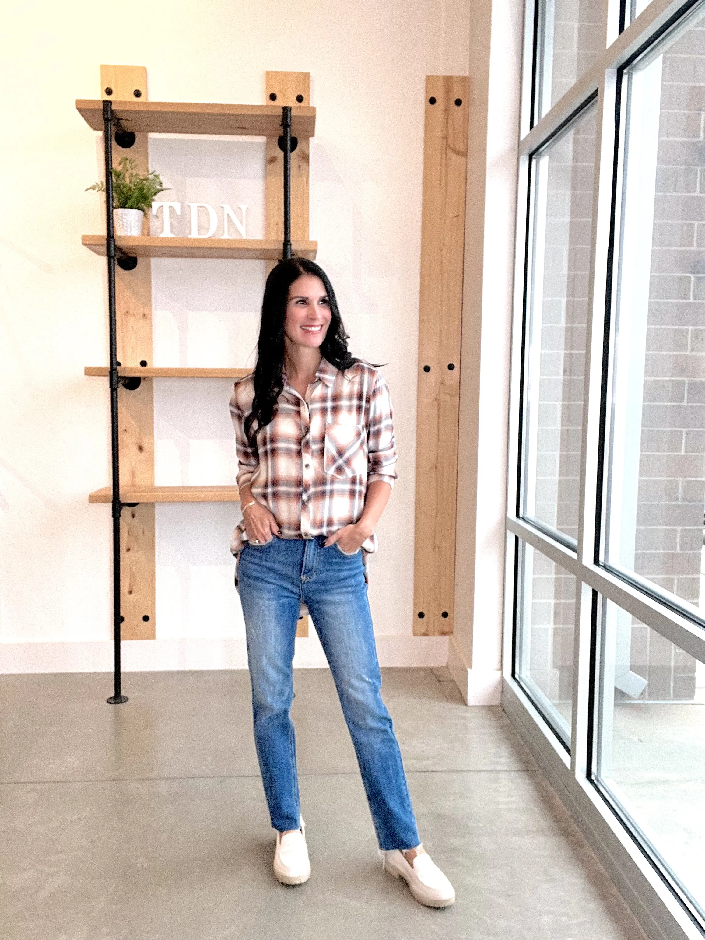 Plaid Button Up in Caramel   Navy