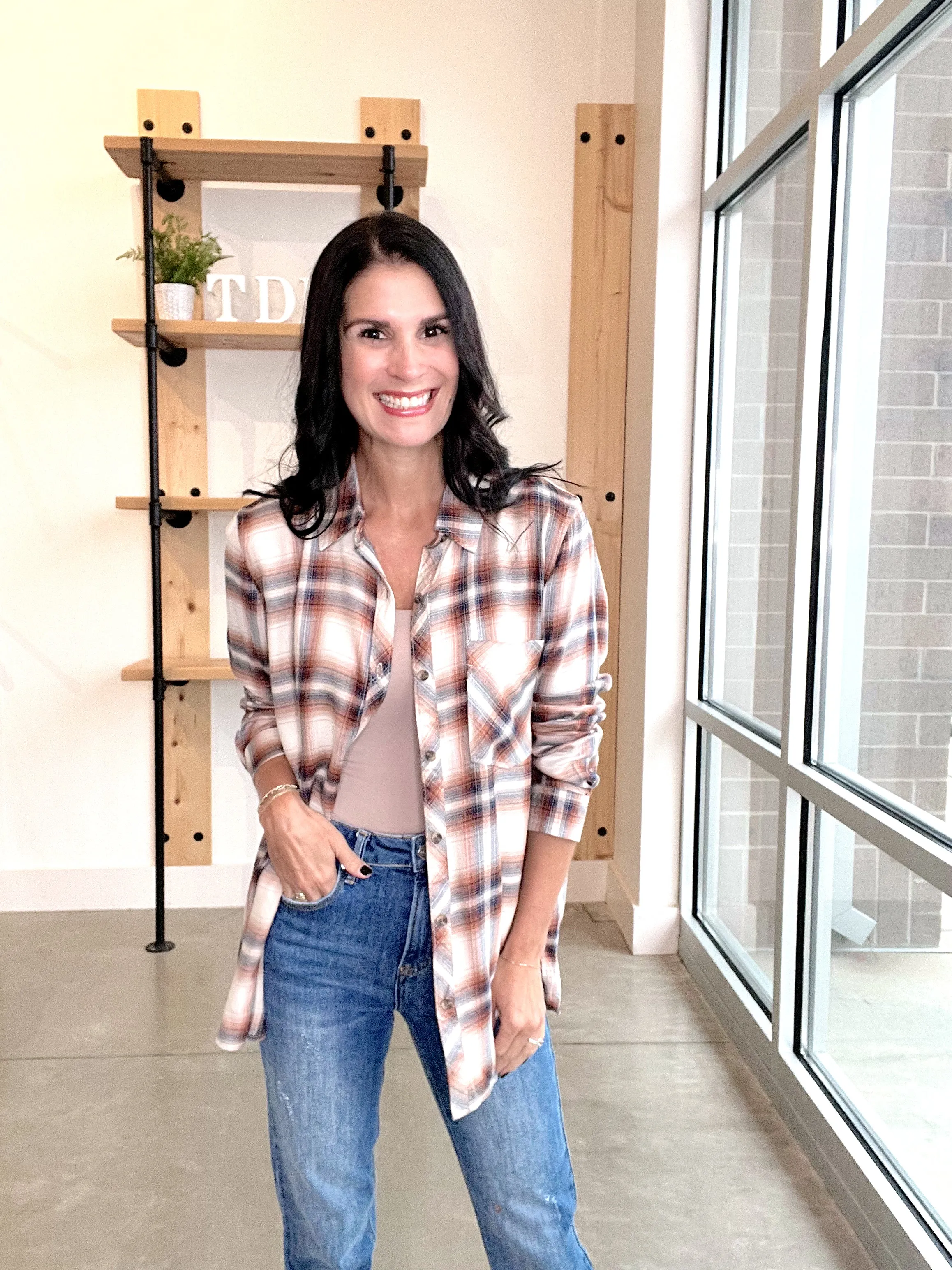 Plaid Button Up in Caramel   Navy