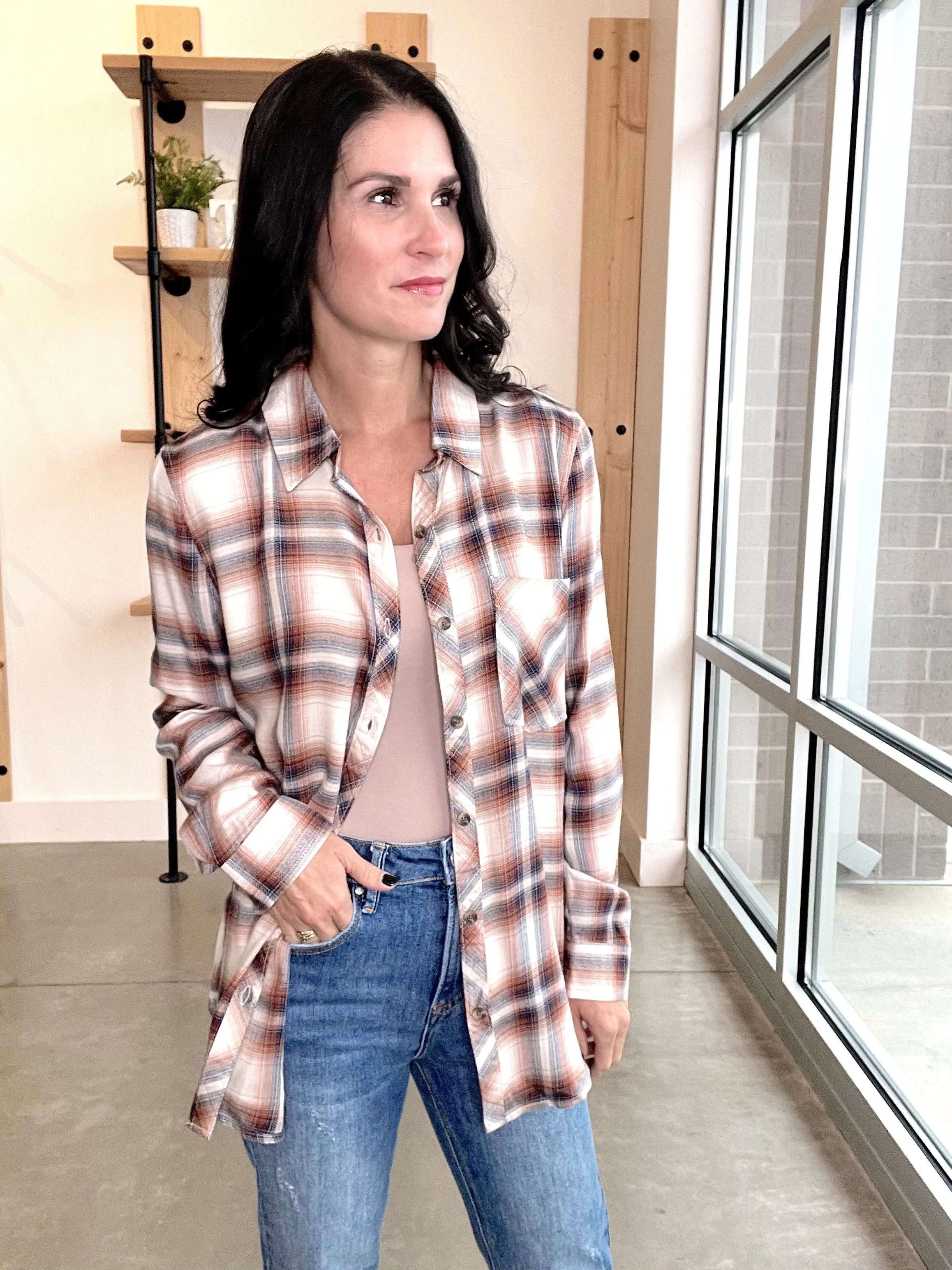 Plaid Button Up in Caramel   Navy