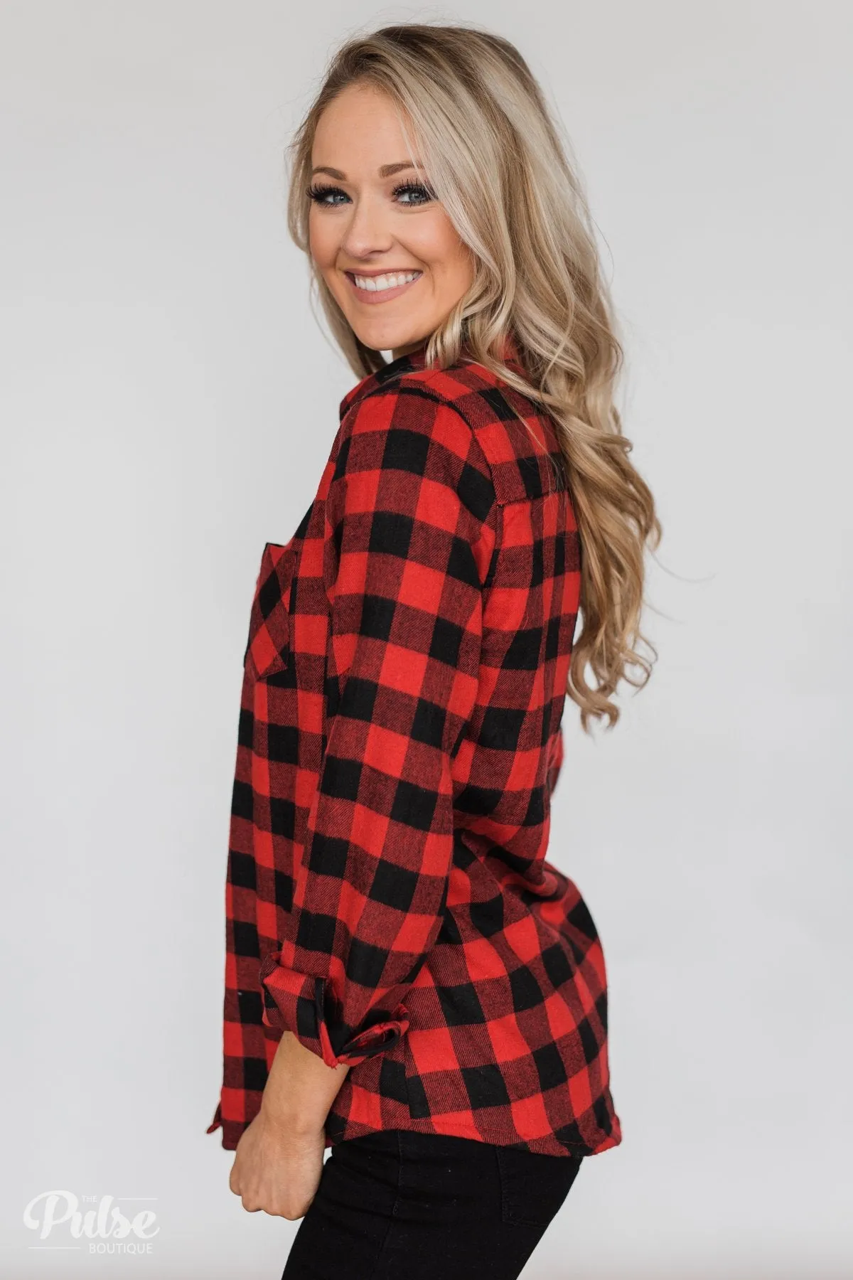 Plaid With The Fur Top- Red & Black