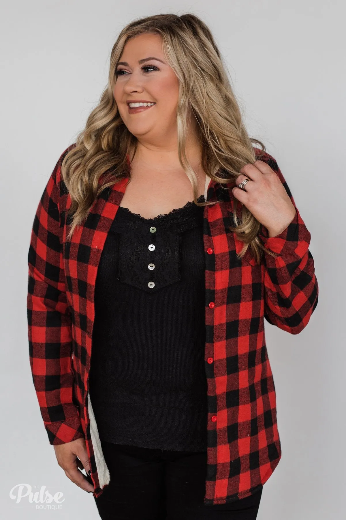 Plaid With The Fur Top- Red & Black