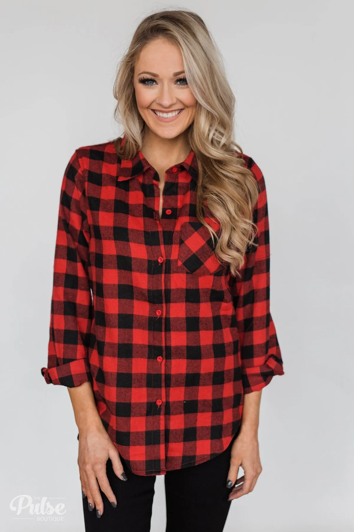 Plaid With The Fur Top- Red & Black