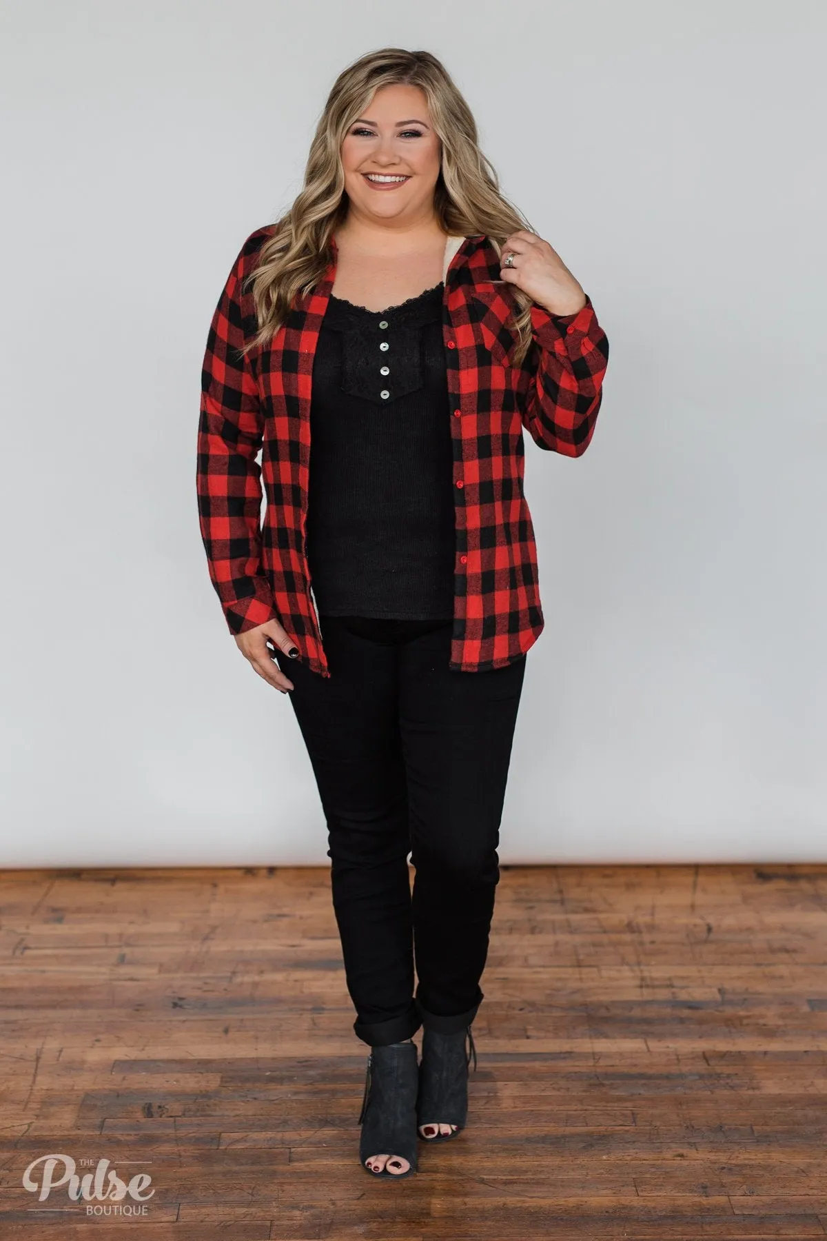 Plaid With The Fur Top- Red & Black