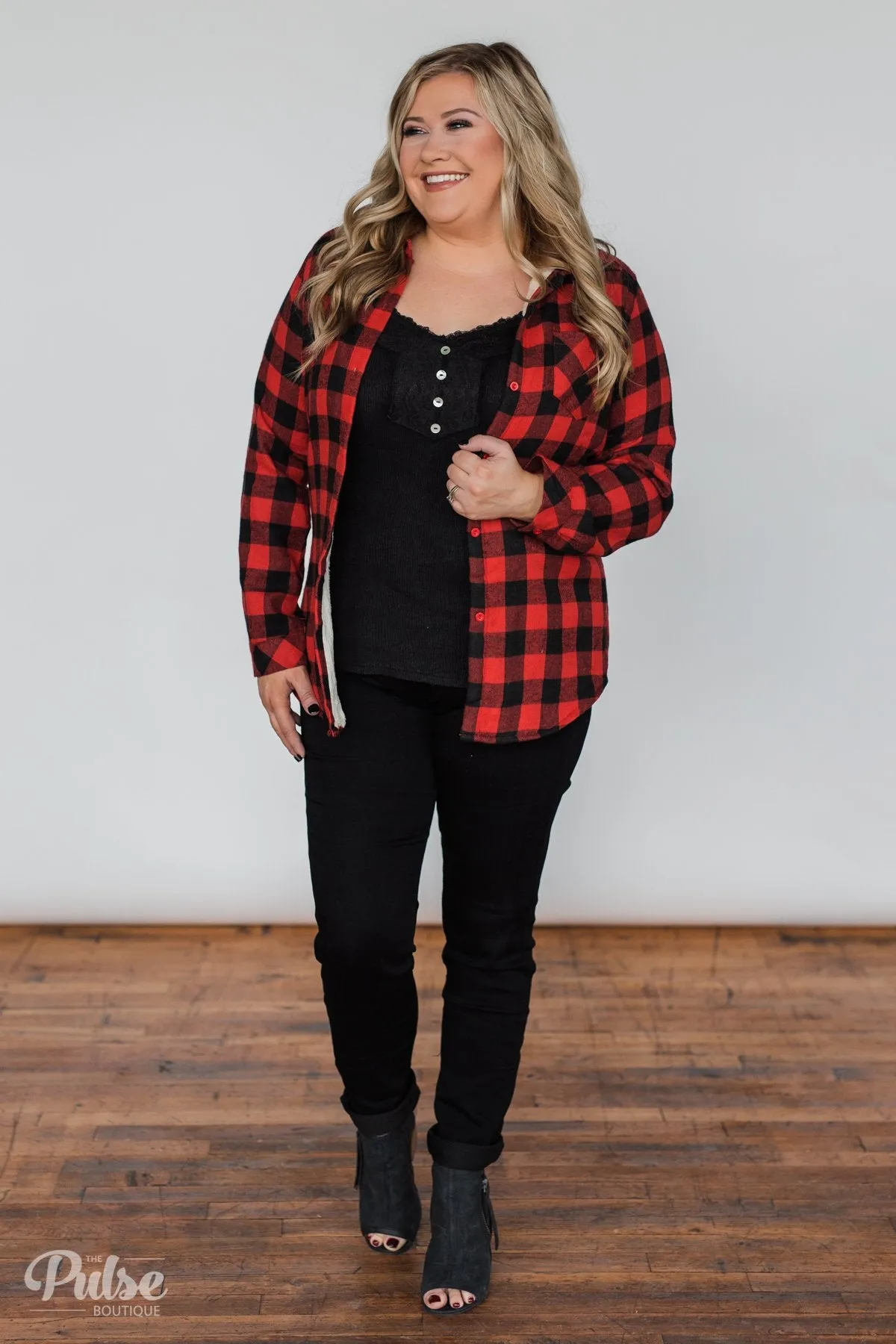Plaid With The Fur Top- Red & Black