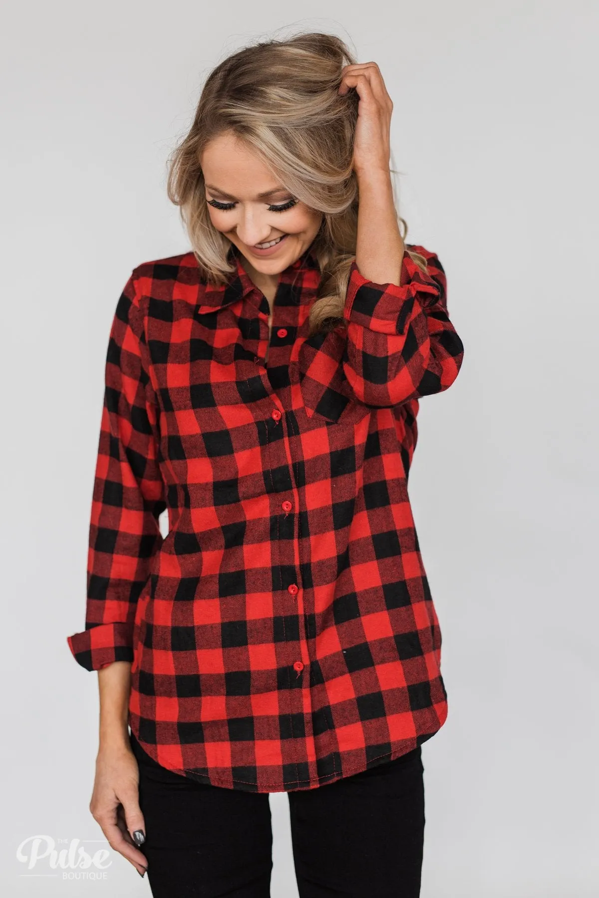 Plaid With The Fur Top- Red & Black