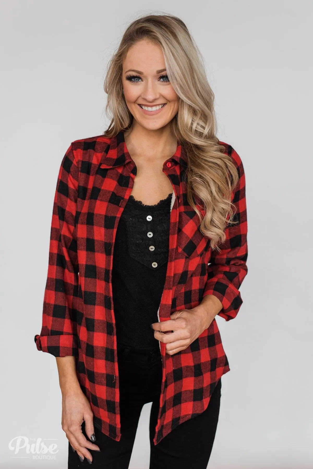 Plaid With The Fur Top- Red & Black